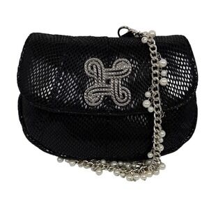 White House Black Market Black Snake Embossed Clutch Pearl Chain Evening Bag